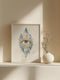 Mystical all-seeing eye fine art print featuring luminous blue eye surrounded by ethereal crystal formations and golden botanical elements, rendered in celestial blue and amber tones with spiritual gothic aesthetic, perfect for occult home decor meditation spaces and witchy wall art collections.